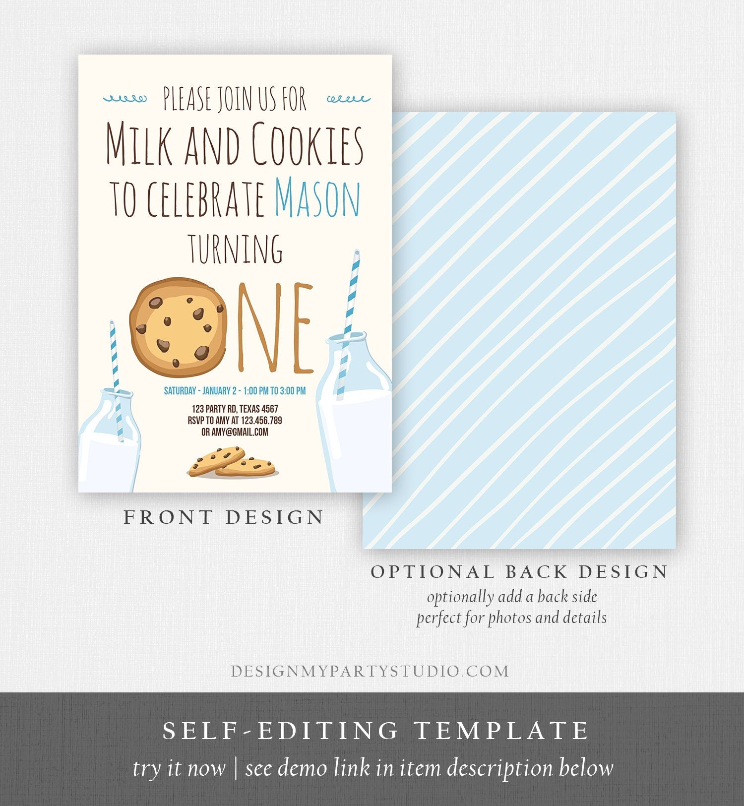 Editable Milk and Cookies Birthday Invitation Boy Birthday Party Blue First 1st Birthday Digital Download Evite Template Printable 0088