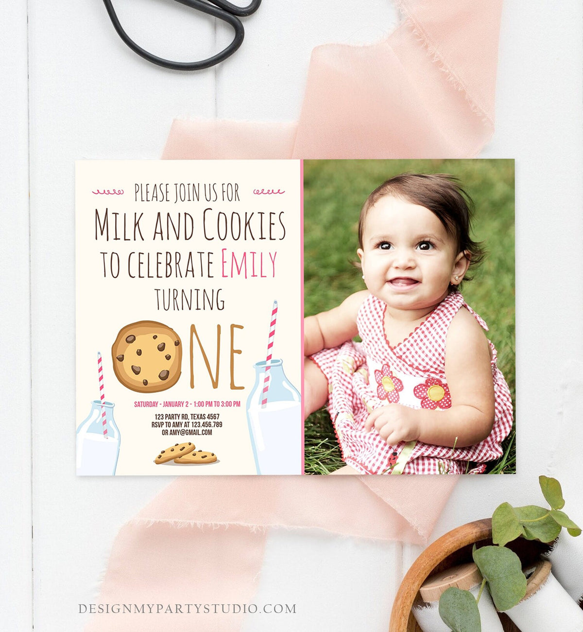 Editable Milk and Cookies Birthday Invitation Milk Cookies Party Girl Birthday Pink First Digital Download Evite Template Printable 0088