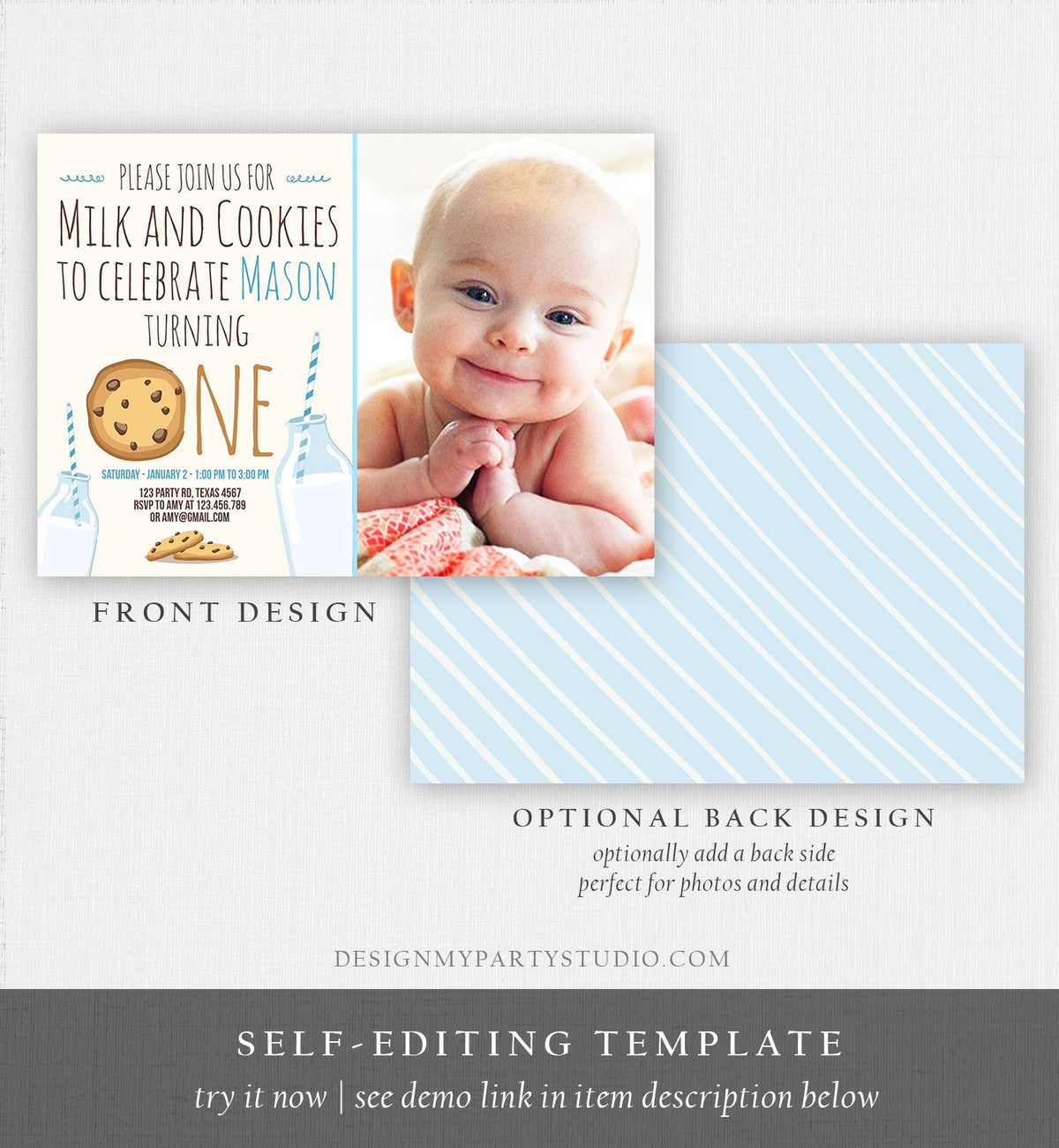 Editable Milk and Cookies Birthday Invitation Milk Cookies Party Boy Birthday Blue First Birthday Digital Download Template Printable 0088