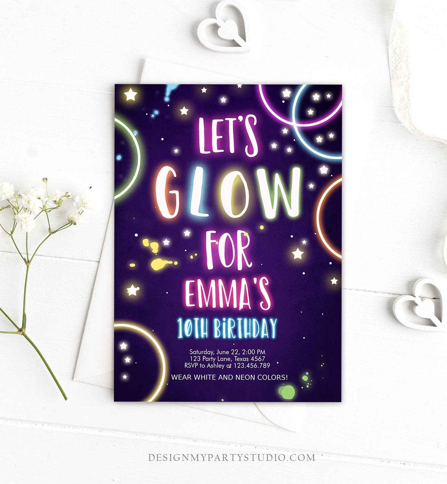 Editable Glow Birthday Invitation Glow Party Invite Neon Glow In The Dark Girls Teen Pink Digital Download Evite Template Printable 0172