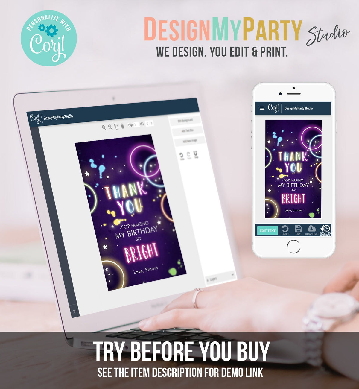 Editable Glow Favor Tag Neon Glow Birthday Thank You Tag Glow In The Dark Party Pink Girl Labels Download Corjl Template Printable 0172