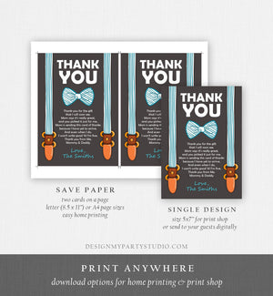 Editable Thank You Card Little Man Baby shower Thank you note Bow Tie Cute Blue Boy Suspenders Thank you card Template Download Corjl 0063