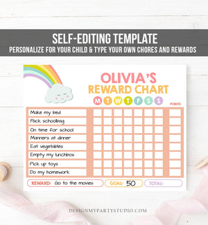 Editable Rainbow Reward Chart for Girls Printable Rainbow Chore Chart for Kids Chores Cloud Pink Routine Chart Printable Template Corjl 0233