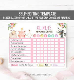 Editable Farm Animals Reward Chart Daily Routine Chart for Kids Pink Girls Cute Animals Chore Chart Printable Template Corjl 0155