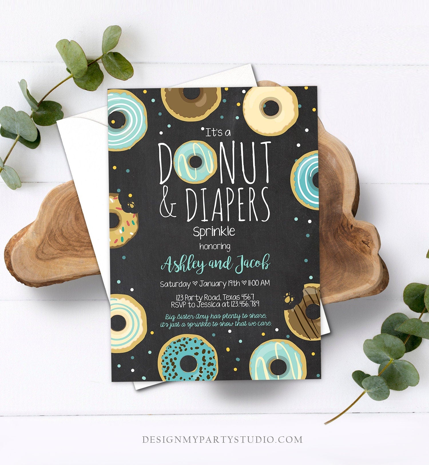 Editable Donut and Diapers Sprinkle Invitation Baby Shower Coed Shower Boy Blue Sweet Instant Download Printable Corjl Template Digital 0050