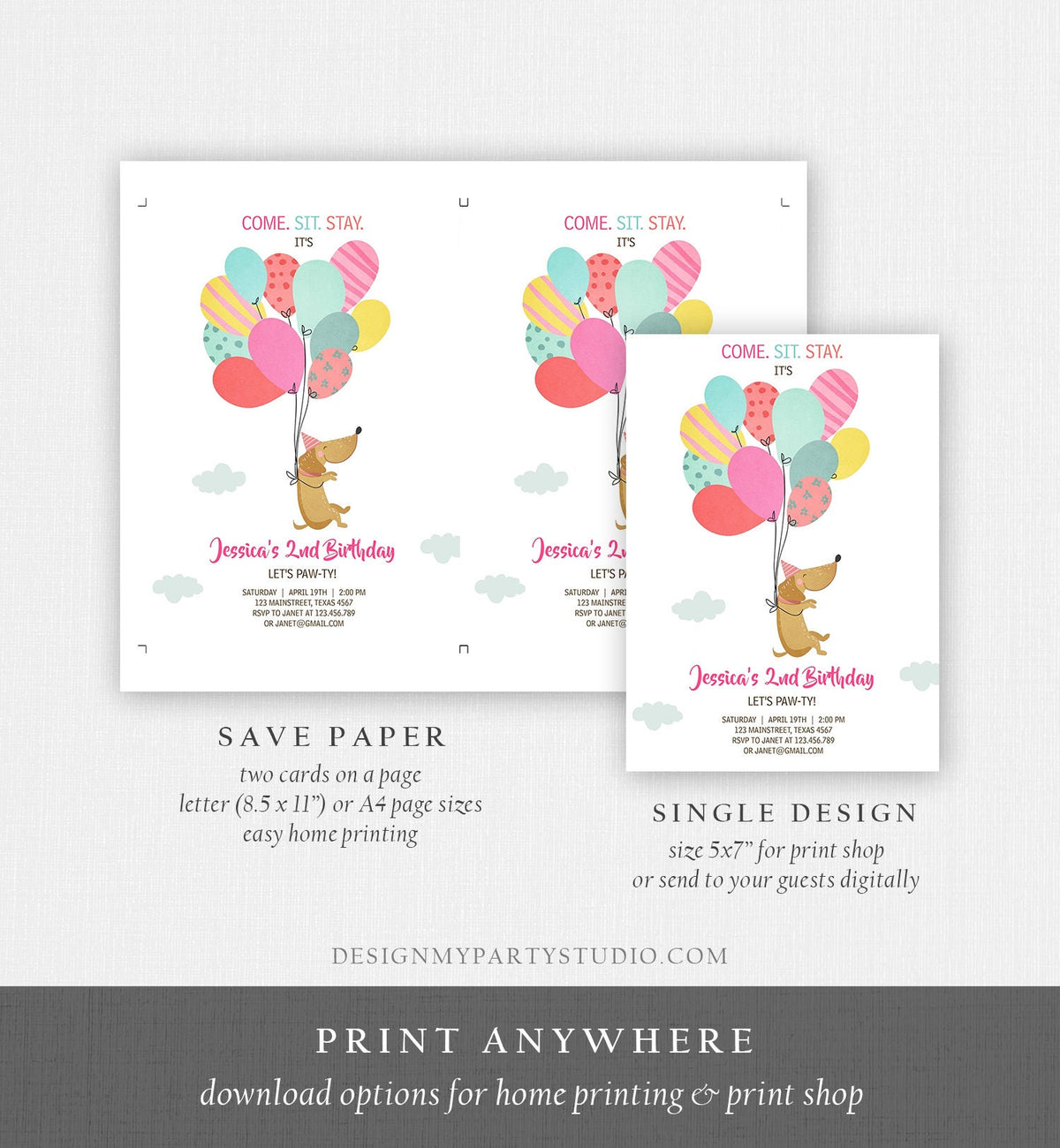 Editable Dog Invitation Dog Party Puppy Party Invite Dog Birthday paw-ty Invite Pink Girl Dog Theme Download Printable Template Corjl 0279