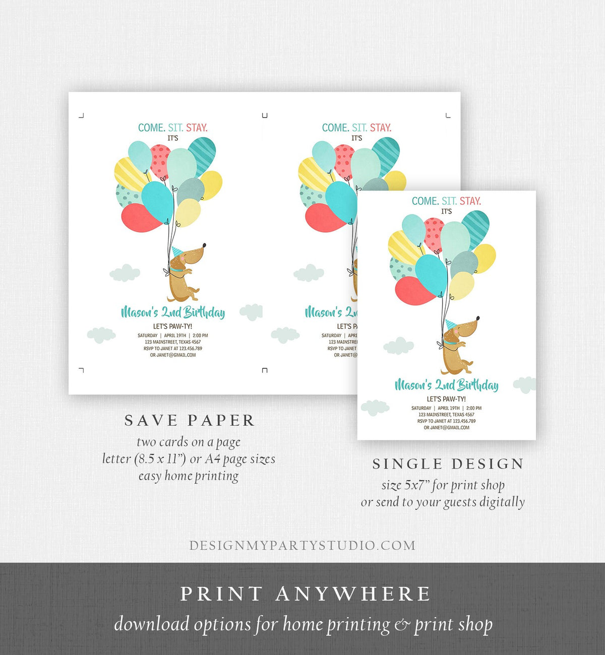Editable Dog Invitation Dog Party Puppy Party Invite Dog Birthday paw-ty Invite Blue Boy Dog Theme Download Printable Template Corjl 0279