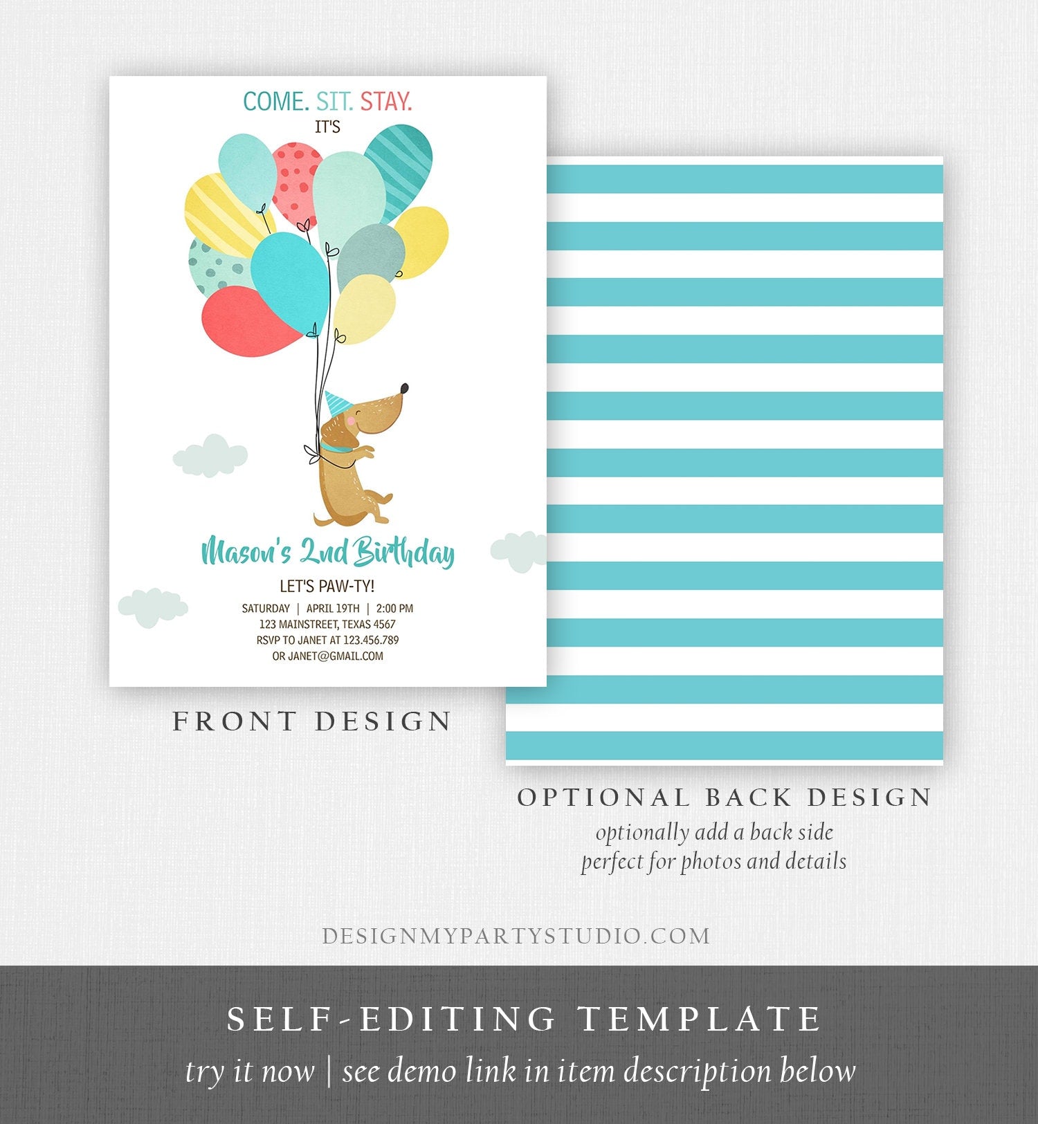 Editable Dog Invitation Dog Party Puppy Party Invite Dog Birthday paw-ty Invite Blue Boy Dog Theme Download Printable Template Corjl 0279