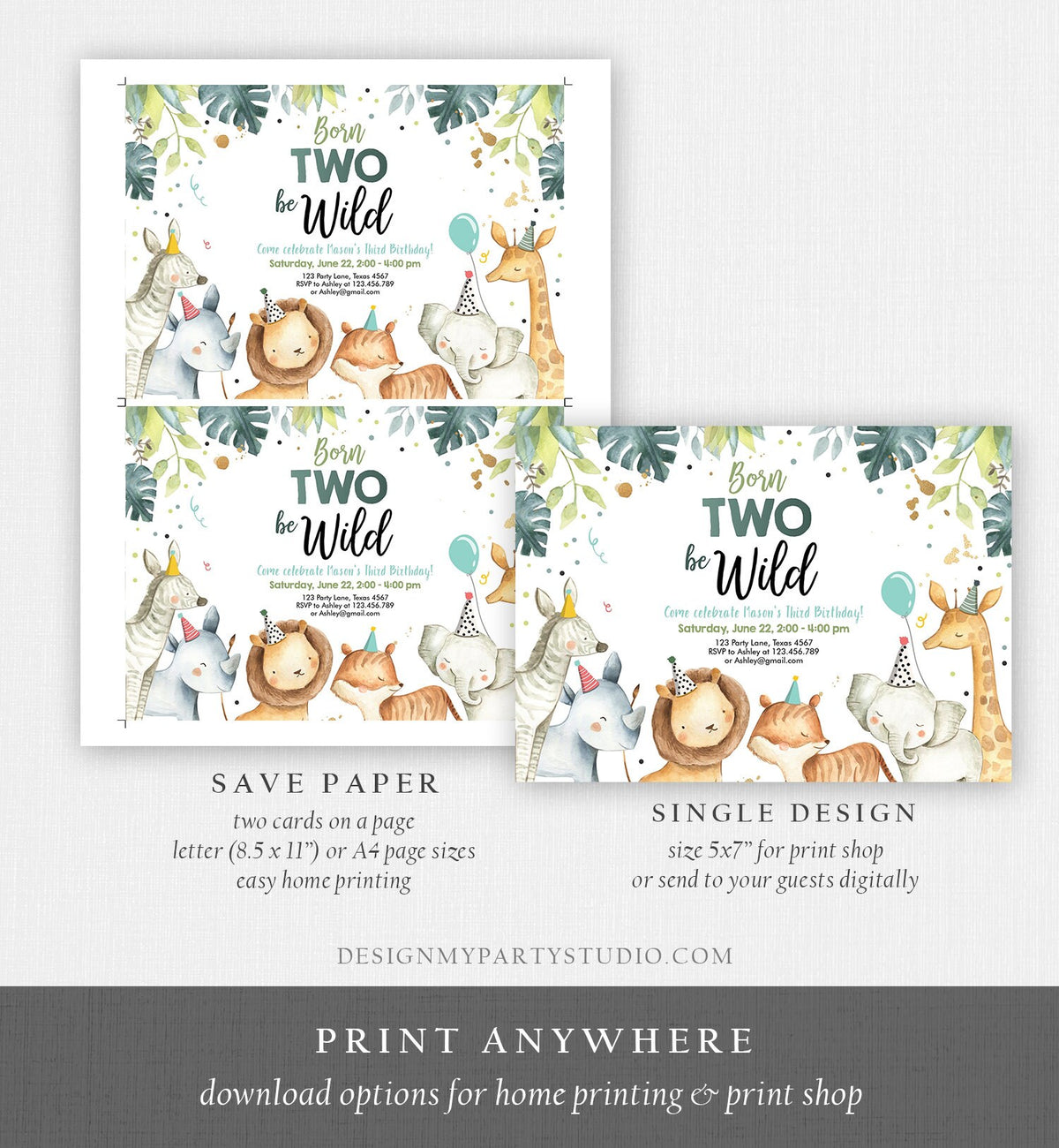 Editable Born Two Be Wild Birthday Invitation Safari Animals Green Gold Boy Jungle Zoo Second Birthday 2nd Digital Template Printable 0163