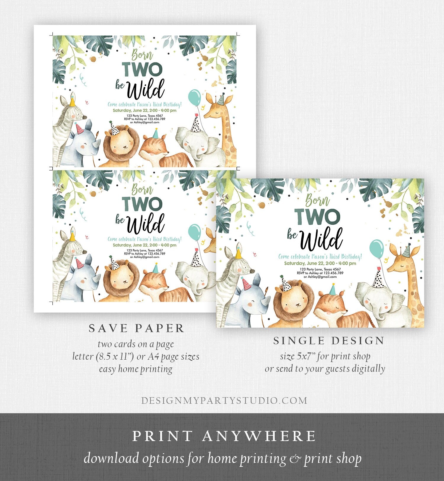 Editable Born Two Be Wild Birthday Invitation Safari Animals Green Gold Boy Jungle Zoo Second Birthday 2nd Digital Template Printable 0163