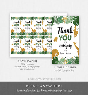 Editable Safari Animals Favor Tags Thank You for Swinging By Wild One Label Jungle Zoo Boy Green Gold Gift Tag Download Corjl Template 0016