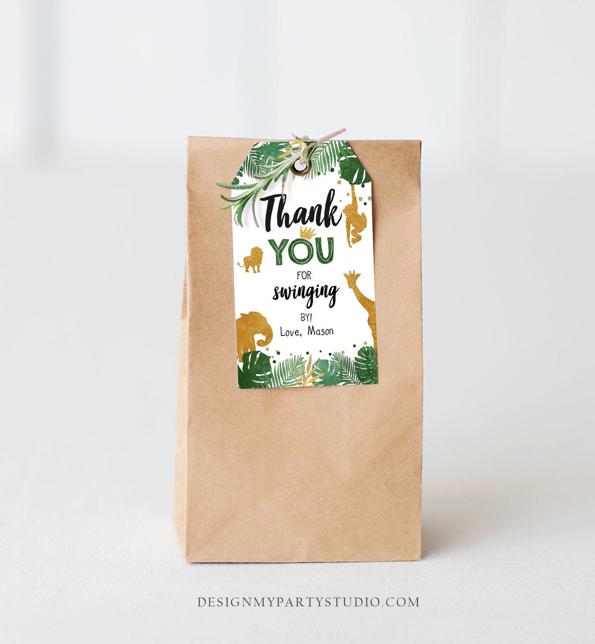 Editable Safari Animals Favor Tags Thank You for Swinging By Wild One Label Jungle Zoo Boy Green Gold Gift Tag Download Corjl Template 0016