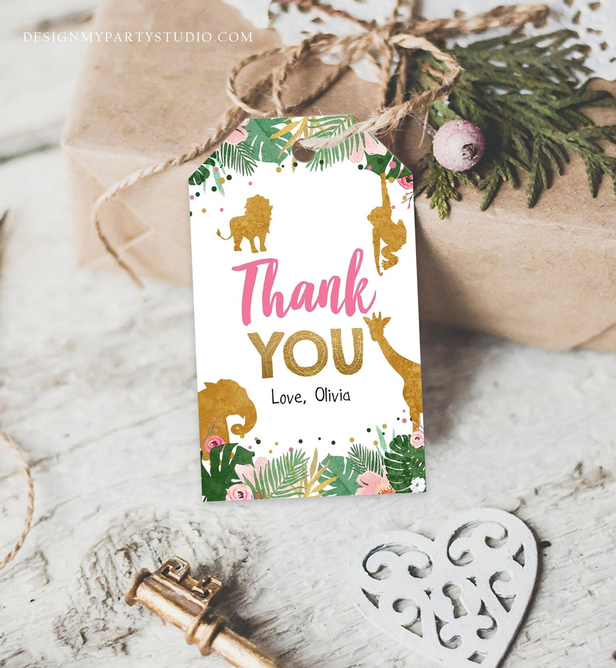 Editable Safari Animals Favor Tags Thank You Wild One Label Jungle Zoo Wild Animals Pink Gold Confetti Gift Download Corjl Template 0016