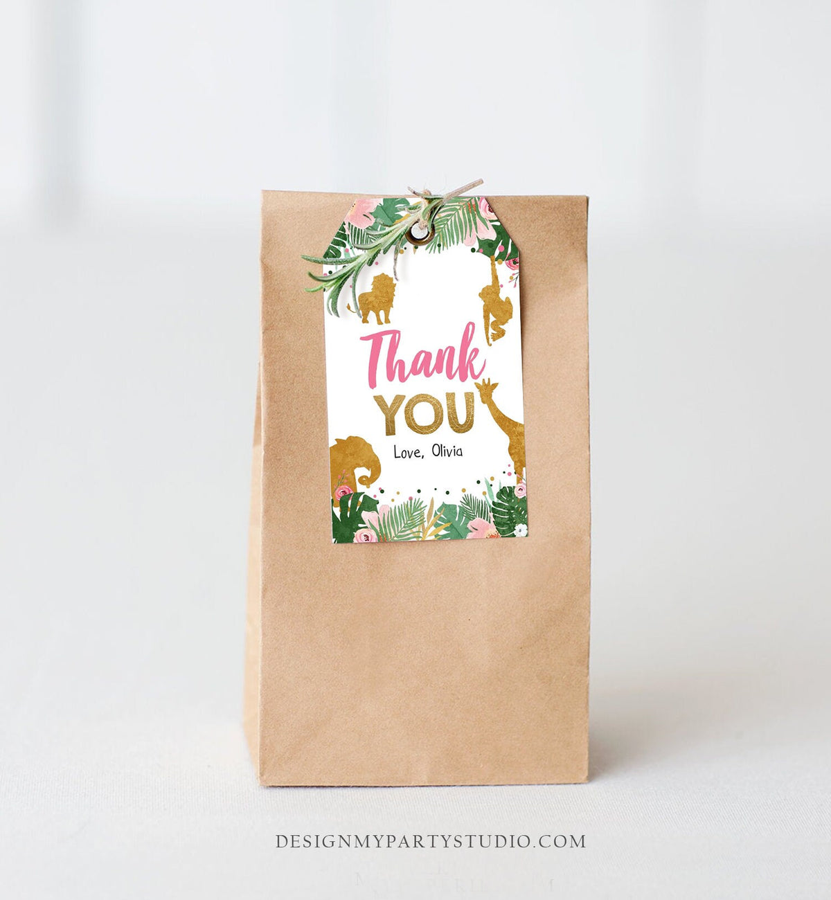 Editable Safari Animals Favor Tags Thank You Wild One Label Jungle Zoo Wild Animals Pink Gold Confetti Gift Download Corjl Template 0016