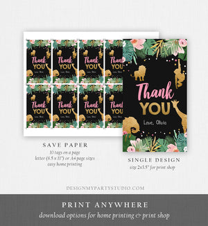 Editable Safari Animals Favor Tags Thank You Wild One Label Jungle Zoo Wild Animals Girl Pink Gold Black Gift Download Corjl Template 0016