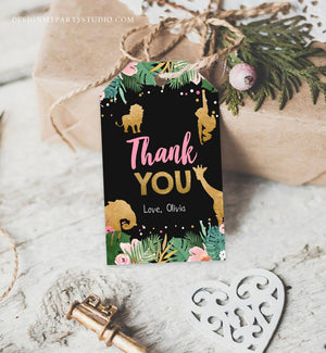 Editable Safari Animals Favor Tags Thank You Wild One Label Jungle Zoo Wild Animals Girl Pink Gold Black Gift Download Corjl Template 0016
