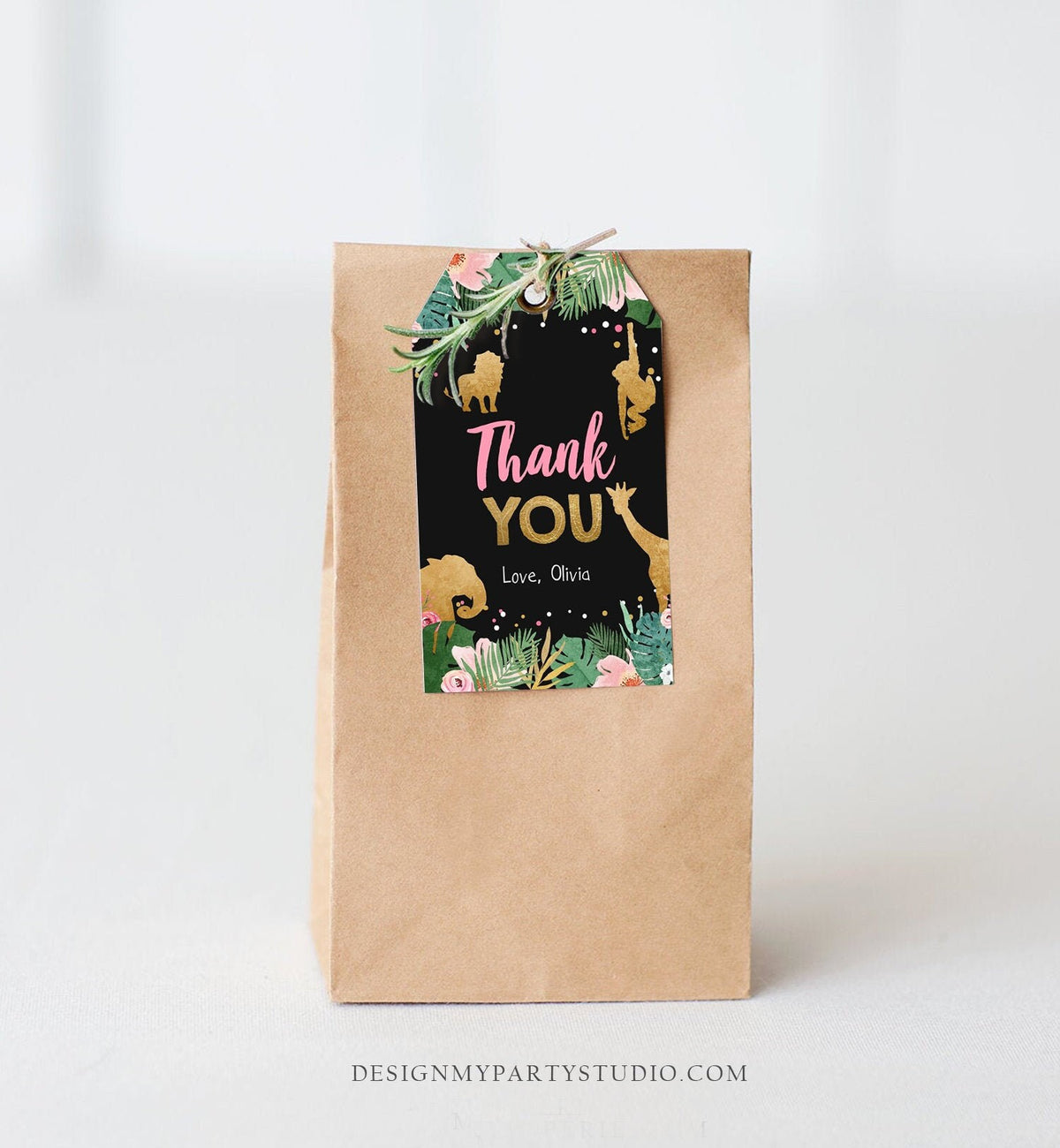 Editable Safari Animals Favor Tags Thank You Wild One Label Jungle Zoo Wild Animals Girl Pink Gold Black Gift Download Corjl Template 0016