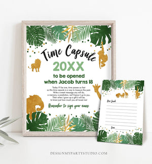 Editable Safari Animals Time Capsule Wild One First Birthday Party Green Gold Boy Zoo Jungle Instant Download Corjl Template Printable 0016