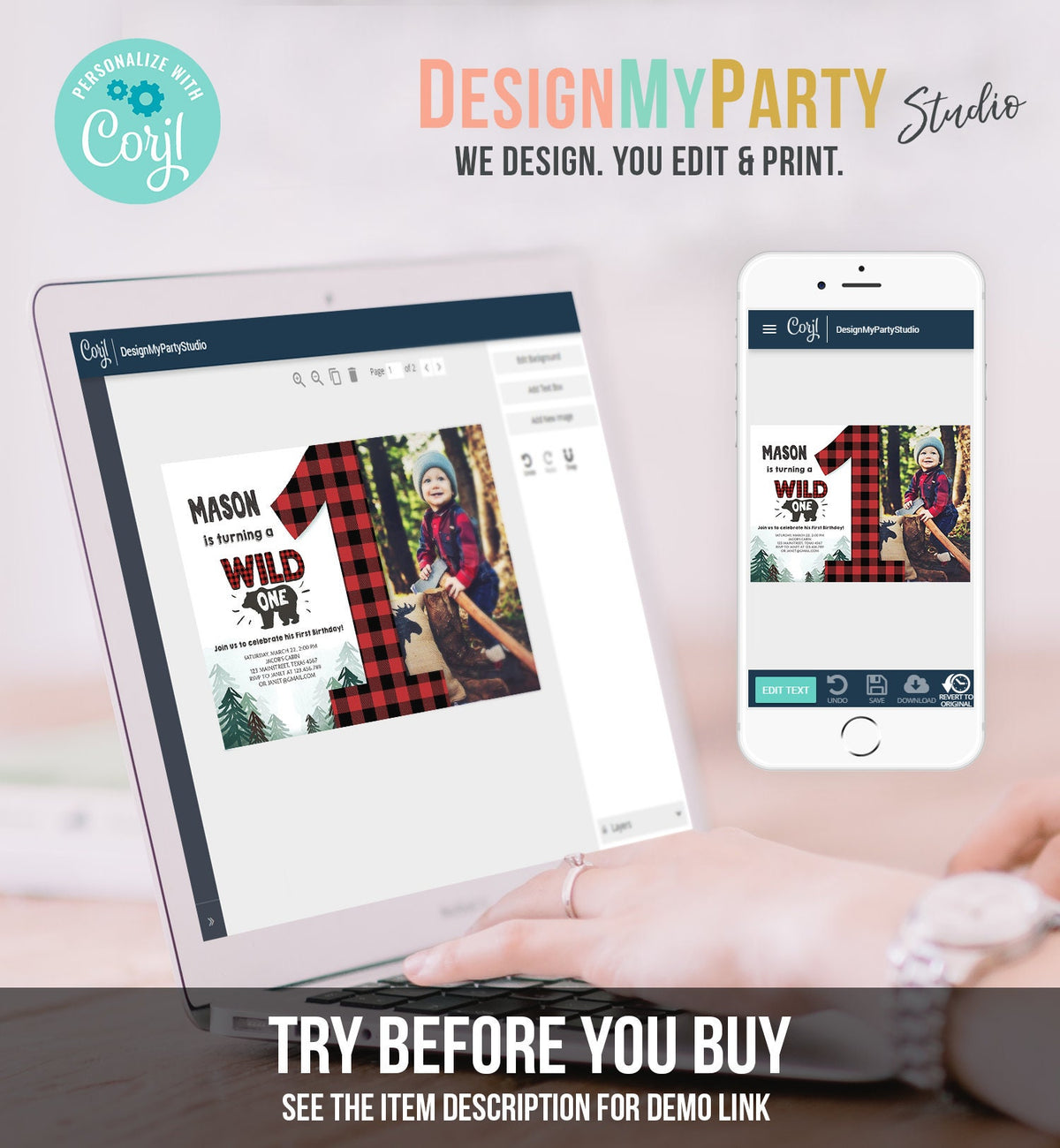 Editable Lumberjack Wild One Birthday Invitation First Birthday Forest Trees Red Plaid Outdoor Bear Boy 1st Printable Corjl Template 0377