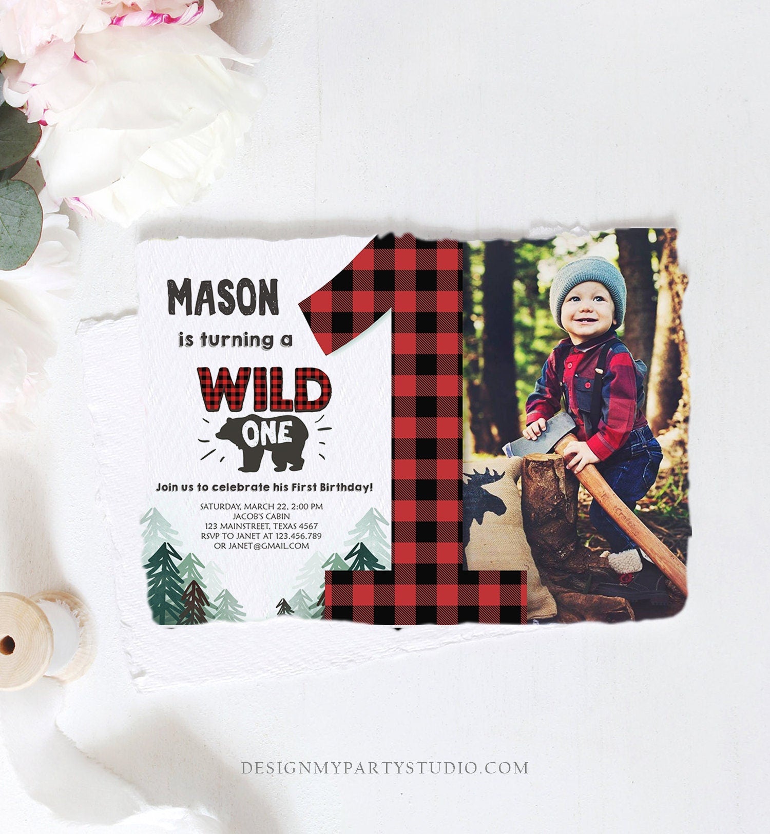 Editable Lumberjack Wild One Birthday Invitation First Birthday Forest Trees Red Plaid Outdoor Bear Boy 1st Printable Corjl Template 0377