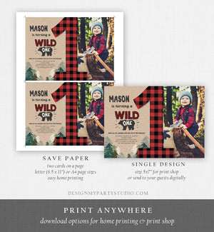 Editable Lumberjack Wild One Birthday Invitation First Birthday Forest Trees Red Plaid Outdoor Bear Boy 1st Printable Corjl Template 0026