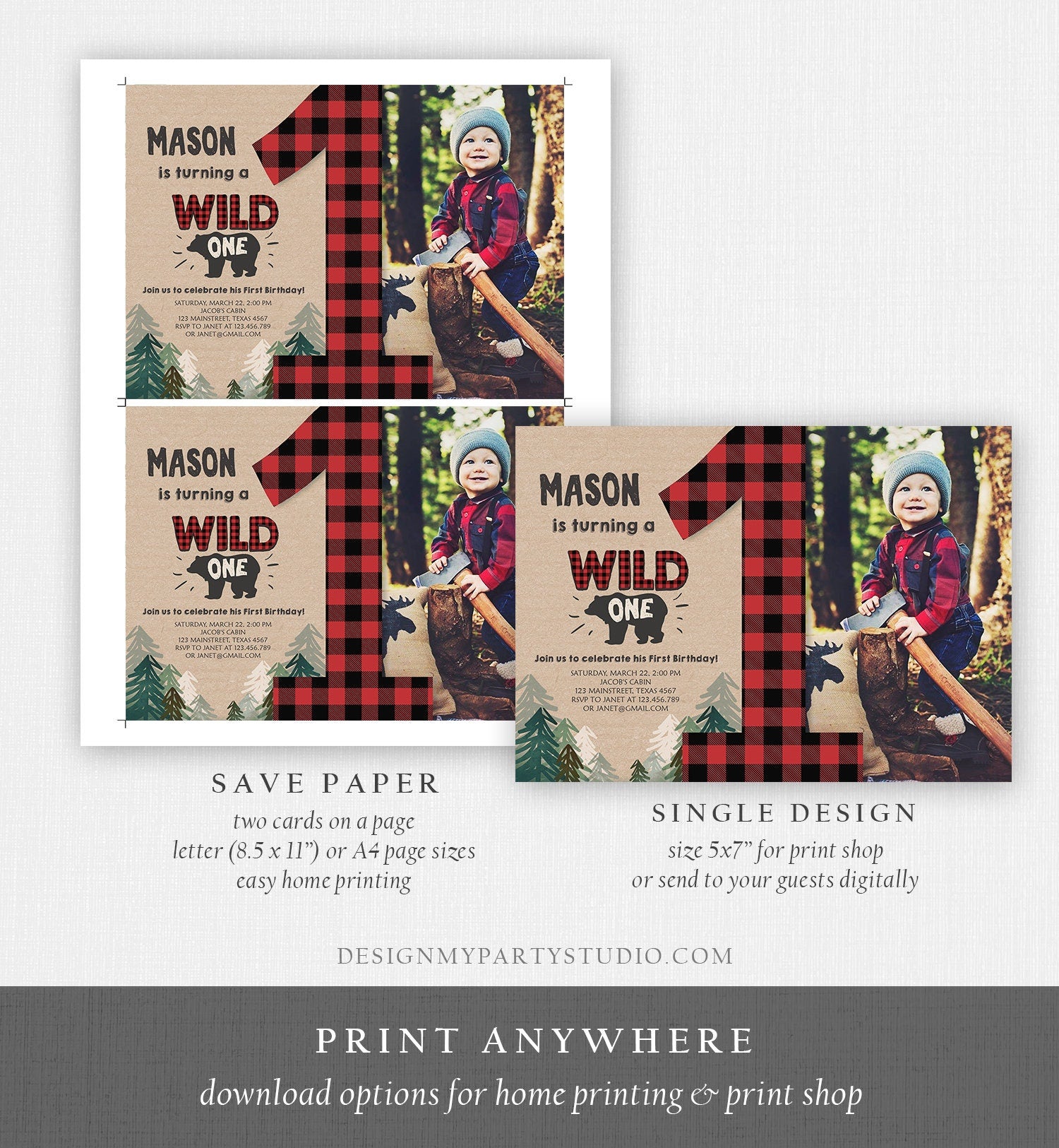 Editable Lumberjack Wild One Birthday Invitation First Birthday Forest Trees Red Plaid Outdoor Bear Boy 1st Digital Template Printable 0026