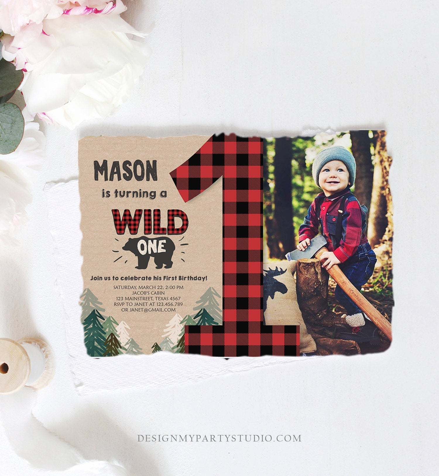 Editable Lumberjack Wild One Birthday Invitation First Birthday Forest Trees Red Plaid Outdoor Bear Boy 1st Corjl Template Printable 0026