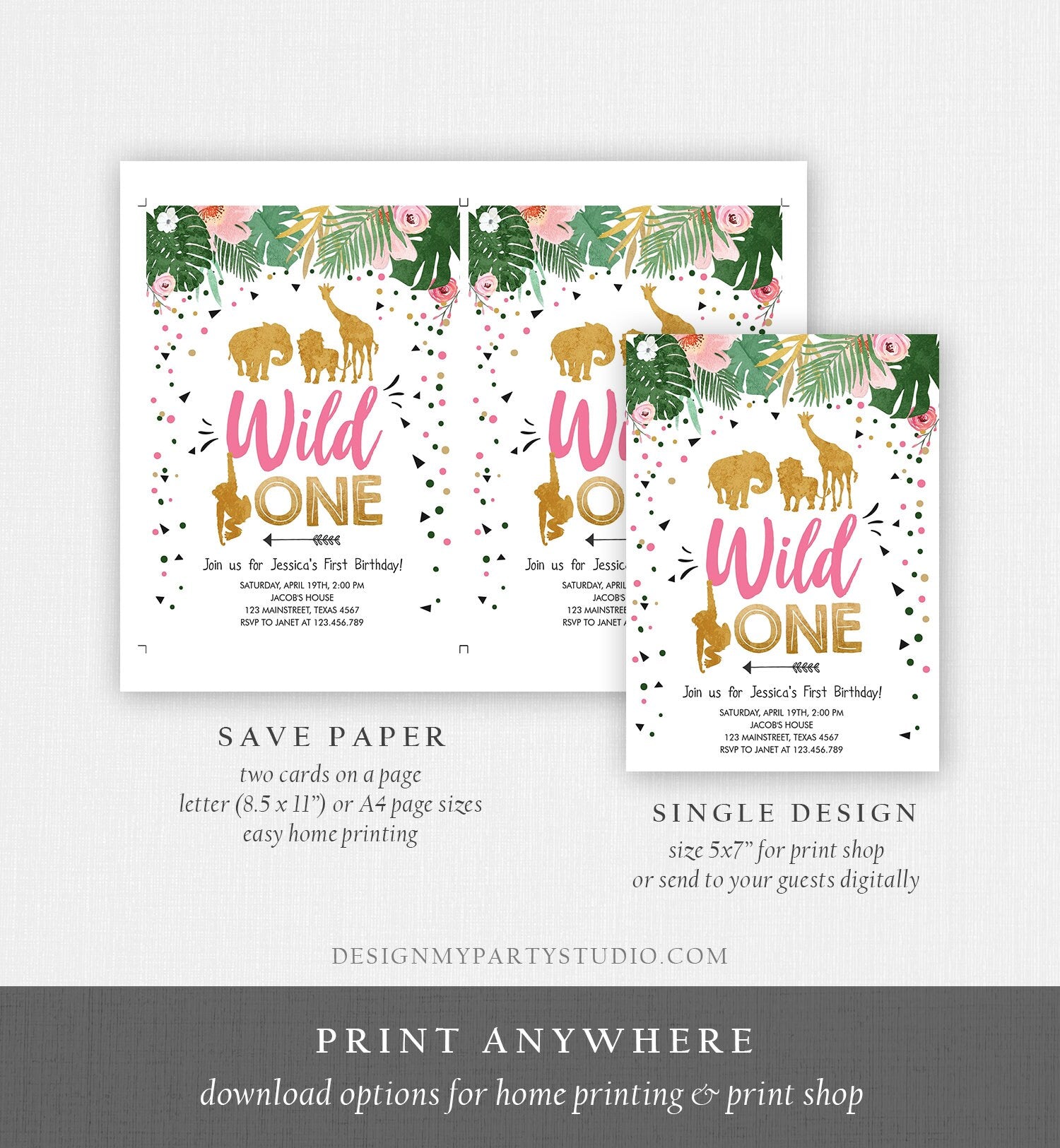 Editable Wild One Birthday Invitation Girl Safari Animals Jungle Zoo Party Animals Pink Gold Instant Download Printable Corjl Template 0016