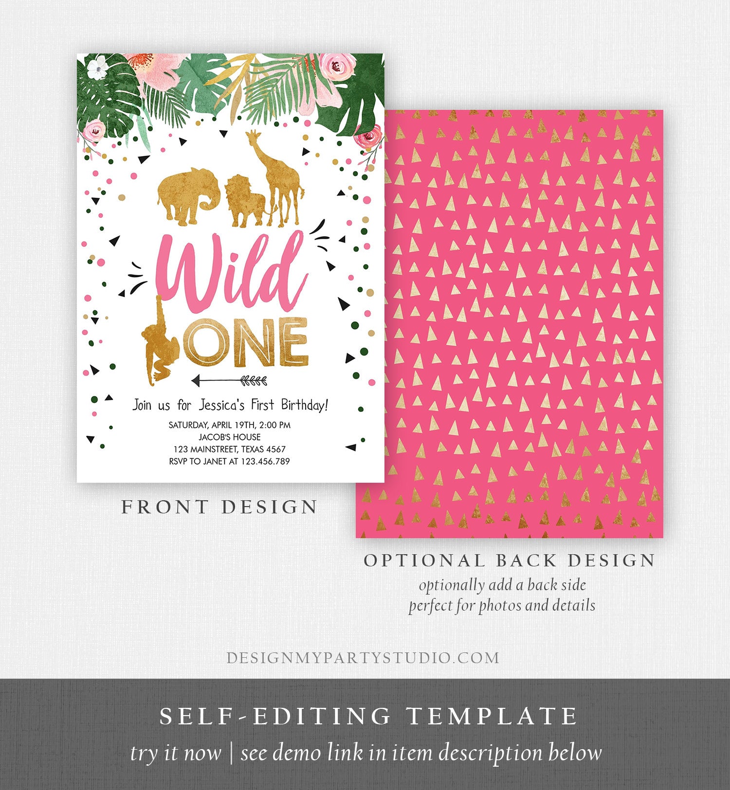 Editable Wild One Birthday Invitation Girl Safari Animals Jungle Zoo Party Animals Pink Gold Instant Download Printable Corjl Template 0016