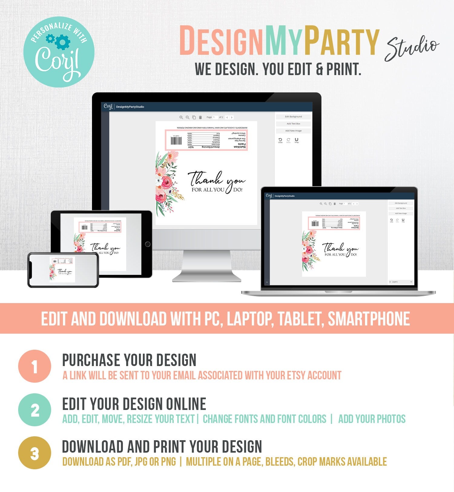 Editable Pink Floral Candy Bar Wrapper Gold Pink Flowers Thank You For All You Do Wrapper Favors Digital Download Template Printable 0030