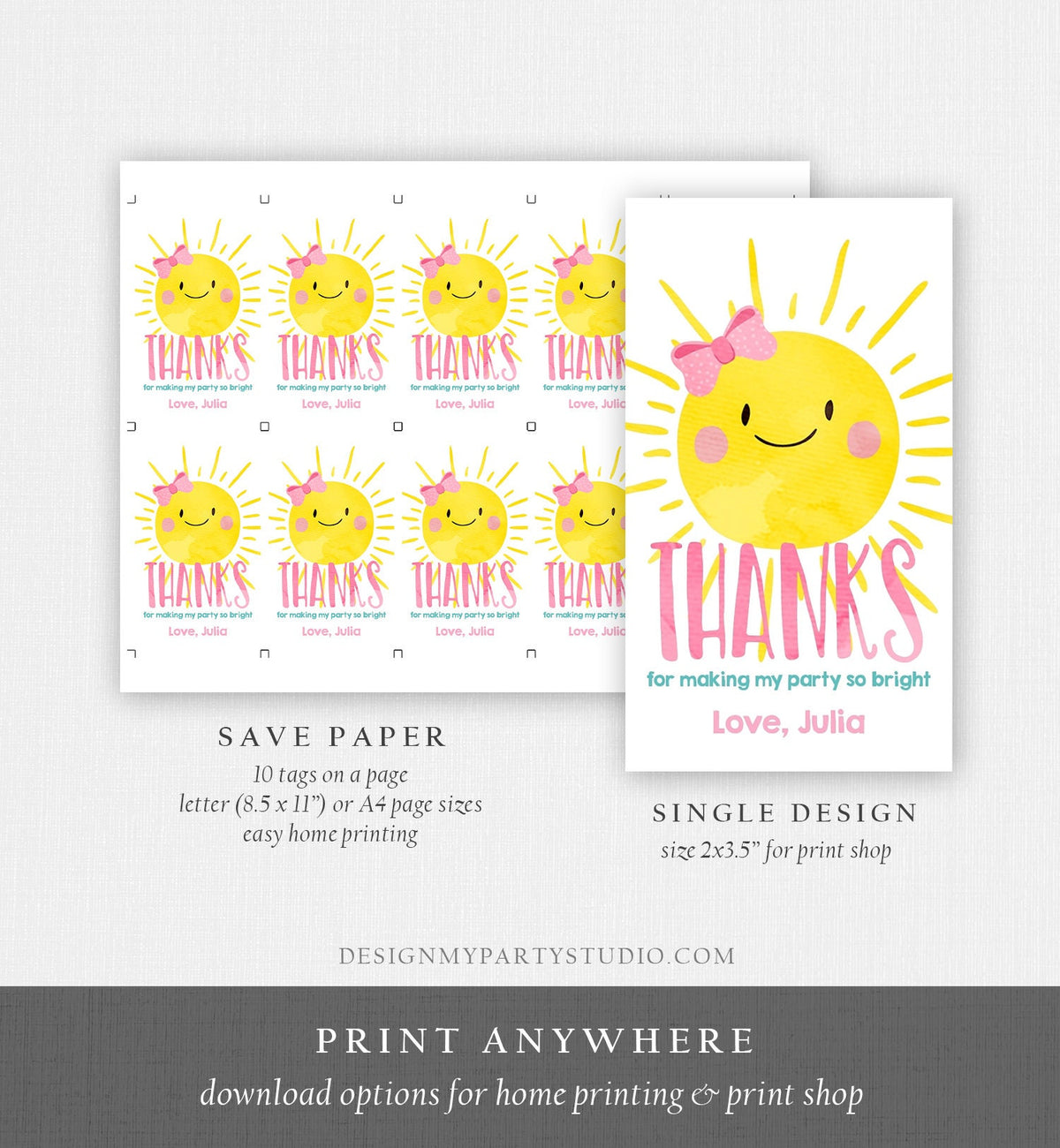 Editable Sunshine Favor Tag Little Sunshine Birthday Thank You Tag Girl Pink Summer Summer Sunshine Party Digital Template Printable 0141