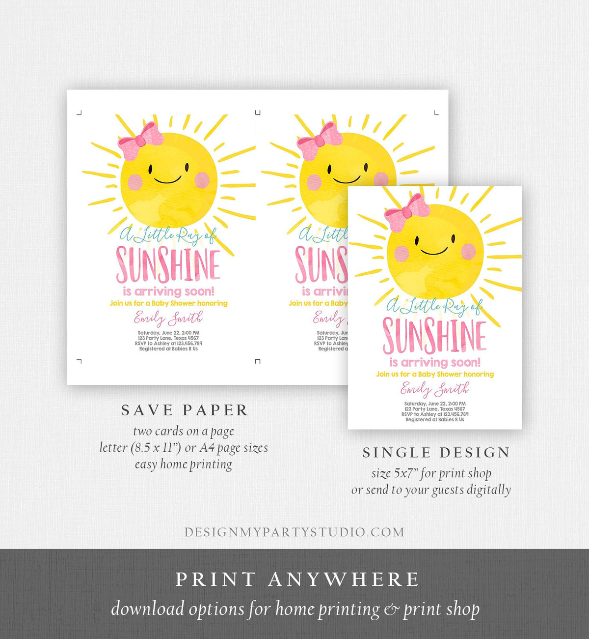 Editable A Ray of Sunshine Baby Shower Invitation Little Sunshine Pink Girl Bow Baby Girl Download Digital Corjl Template Printable 0141