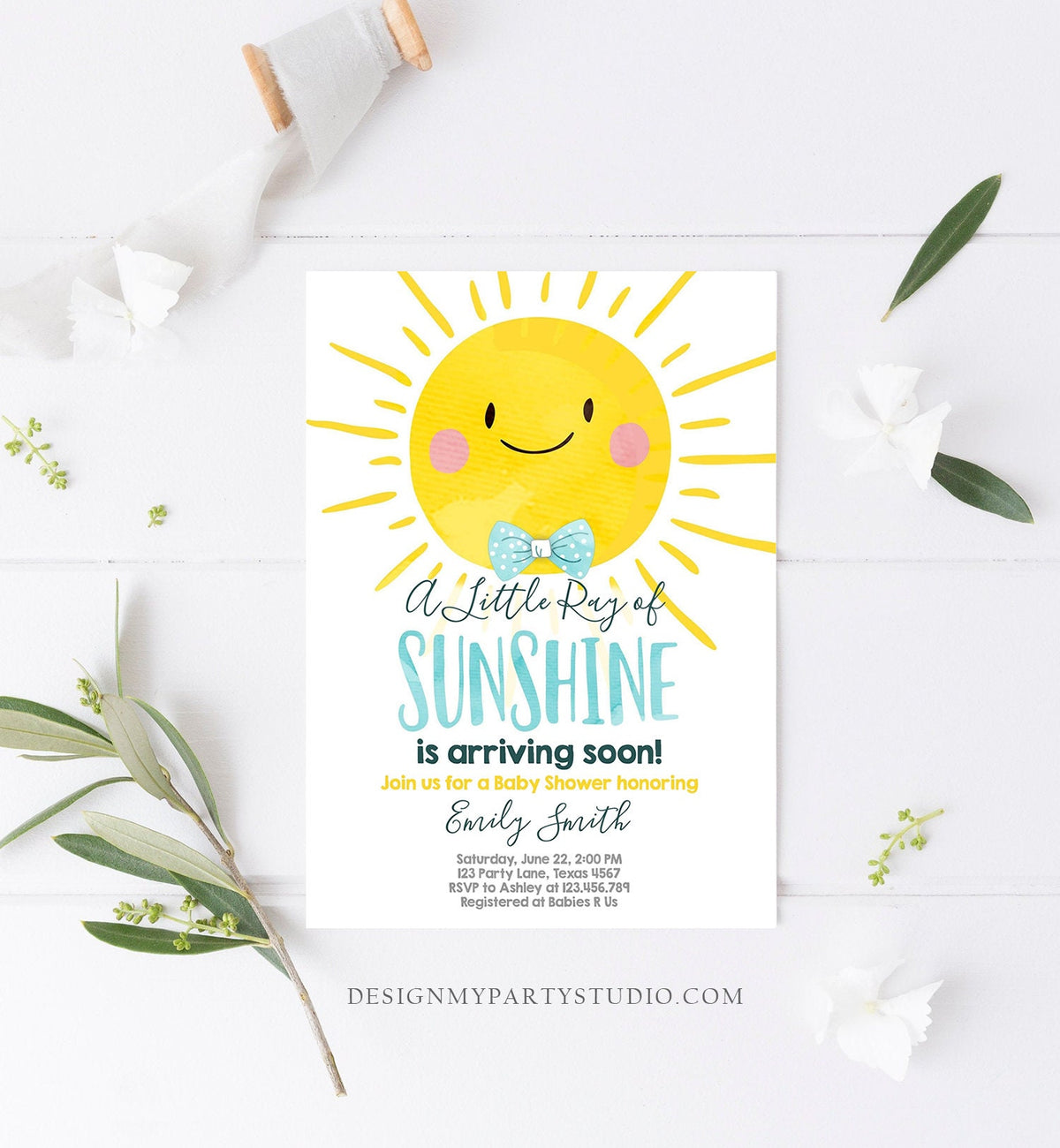 Editable A Little Ray of Sunshine Baby Shower Invitation Blue Yellow Boy Sunshine Party Evite Digital Download Corjl Template Printable 0141