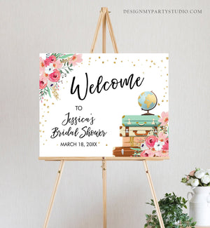 Editable Travel Adventure Welcome Sign Bridal Shower Love is a Journey Floral Pink Gold Suitcases Download Corjl Template Printable 0030