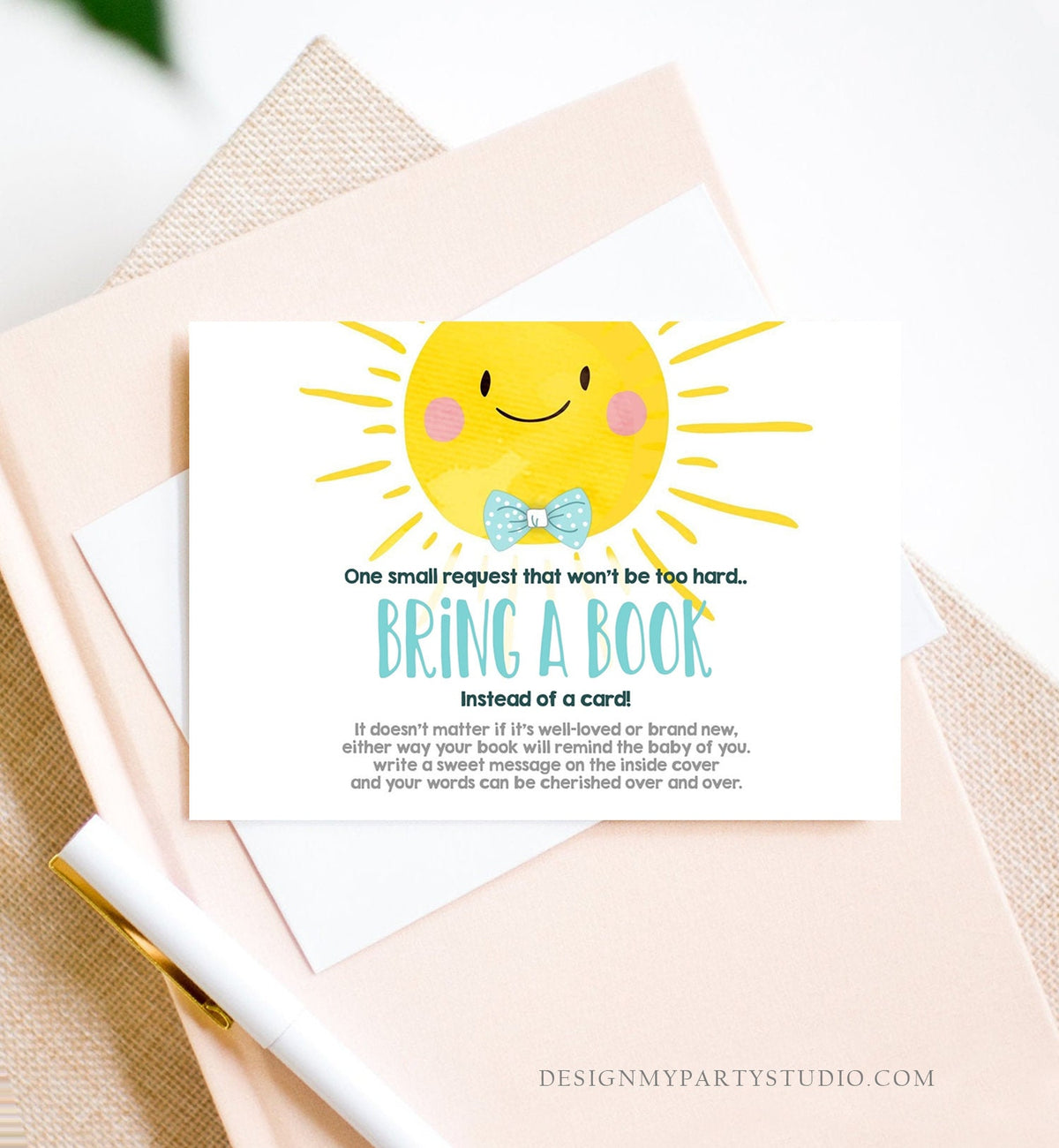 Editable Baby Shower Bring a Book Card A Ray Of Sunshine Little Sunshine Blue Books for Baby Book Request Corjl Template Printable 0141