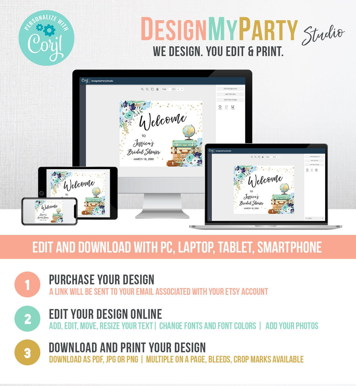 Editable Travel Welcome Sign Bridal Shower Traveling to Mrs Adventure Love is a Journey Floral Blue Download Template Printable 0030