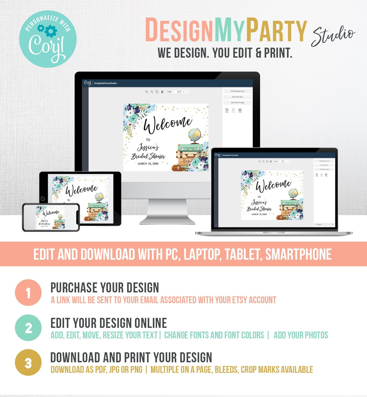 Editable Travel Welcome Sign Bridal Shower Traveling to Mrs Adventure Love is a Journey Floral Blue Download Template Printable 0030