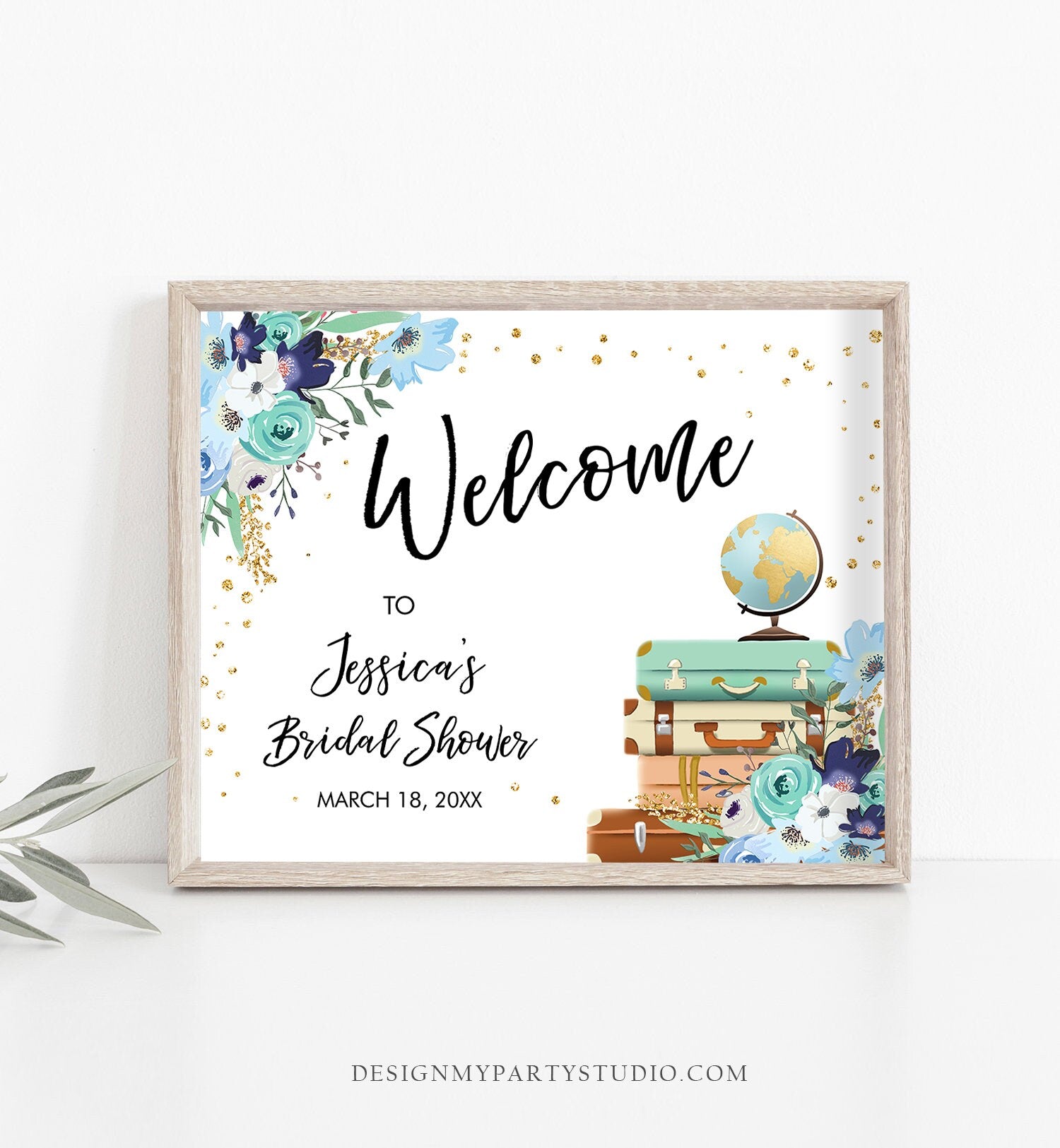 Editable Travel Welcome Sign Bridal Shower Traveling to Mrs Adventure Love is a Journey Floral Blue Download Corjl Template 0030