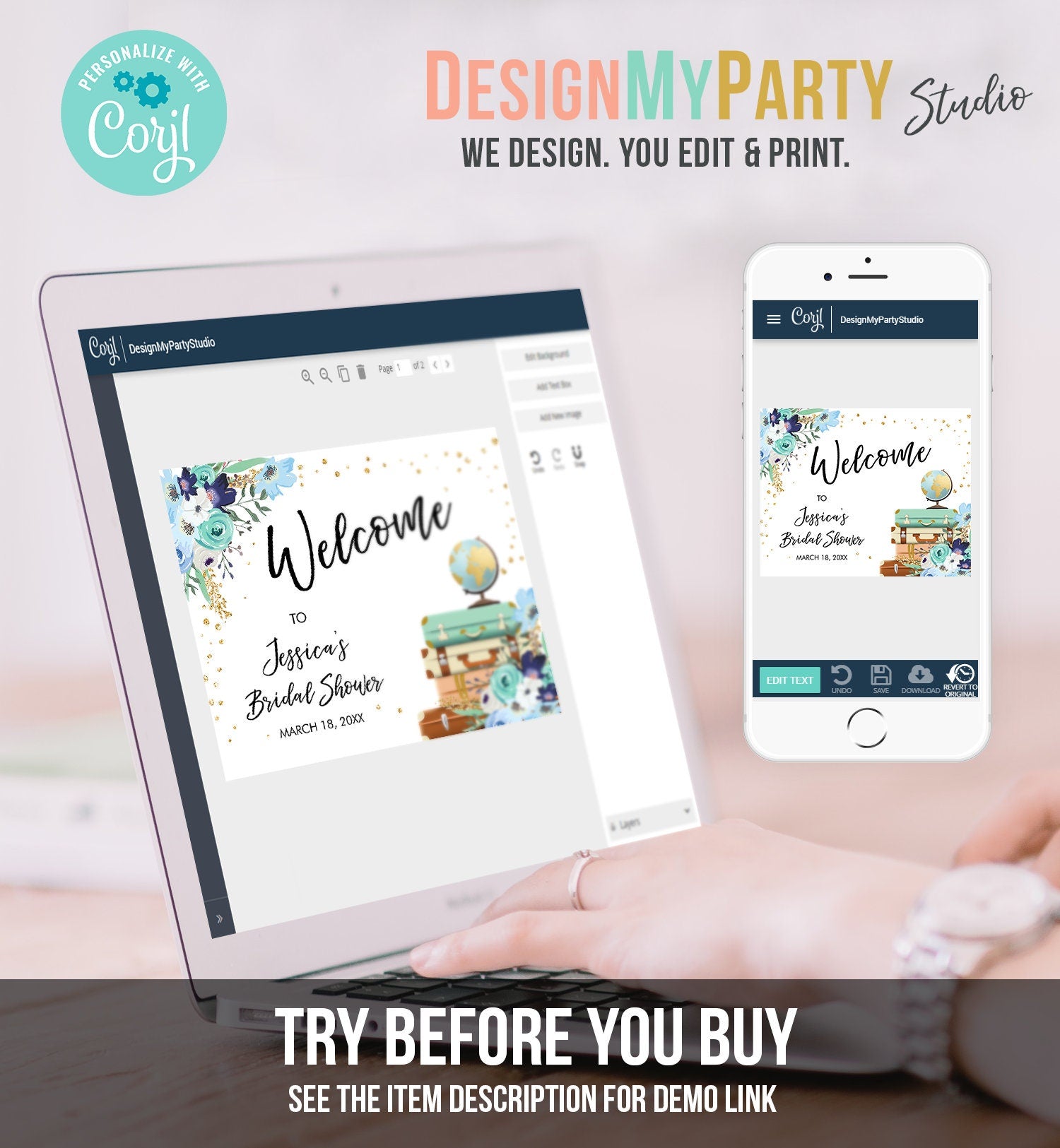 Editable Travel Welcome Sign Bridal Shower Traveling to Mrs Adventure Love is a Journey Floral Blue Download Template Printable 0030