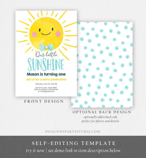 Editable Birthday Invitation Little Sunshine Summer Sunshine Party Boy First Birthday Blue Download Printable Invitation Template Corjl 0141