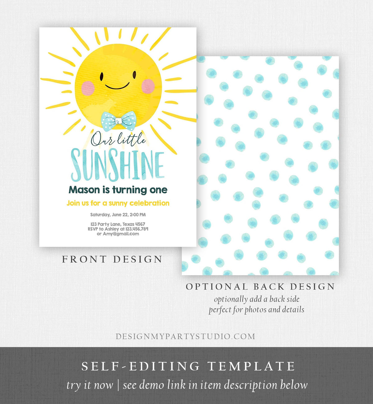Editable Little Sunshine Birthday Invitation Summer Sunshine Party Boy First Birthday Blue Digital Download Evite Template Printable 0141