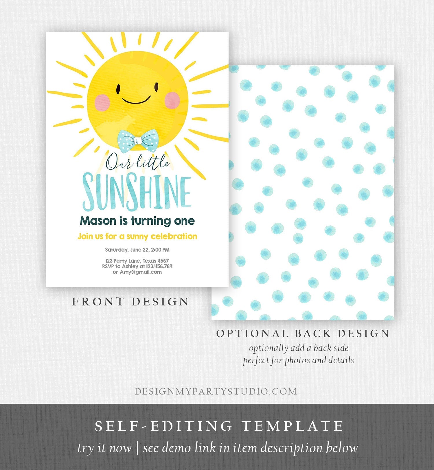 Editable Little Sunshine Birthday Invitation Summer Sunshine Party Boy First Birthday Blue Digital Download Evite Template Printable 0141