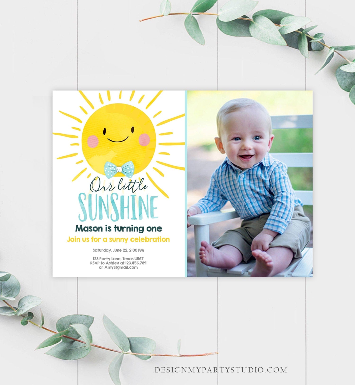 Editable Birthday Invitation Little Sunshine Summer Sunshine Party Boy Birthday Blue Digital Download Evite Template Printable 0141