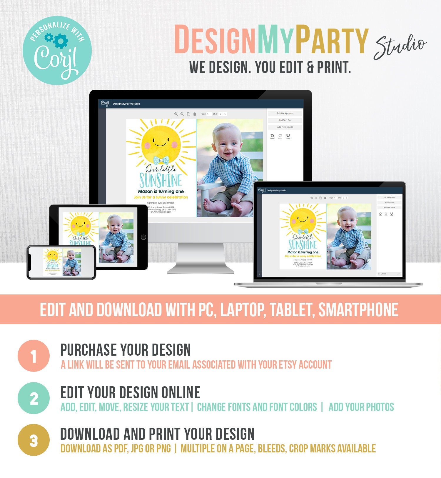 Editable Birthday Invitation Little Sunshine Summer Sunshine Party Boy Birthday Blue Digital Download Evite Template Printable 0141