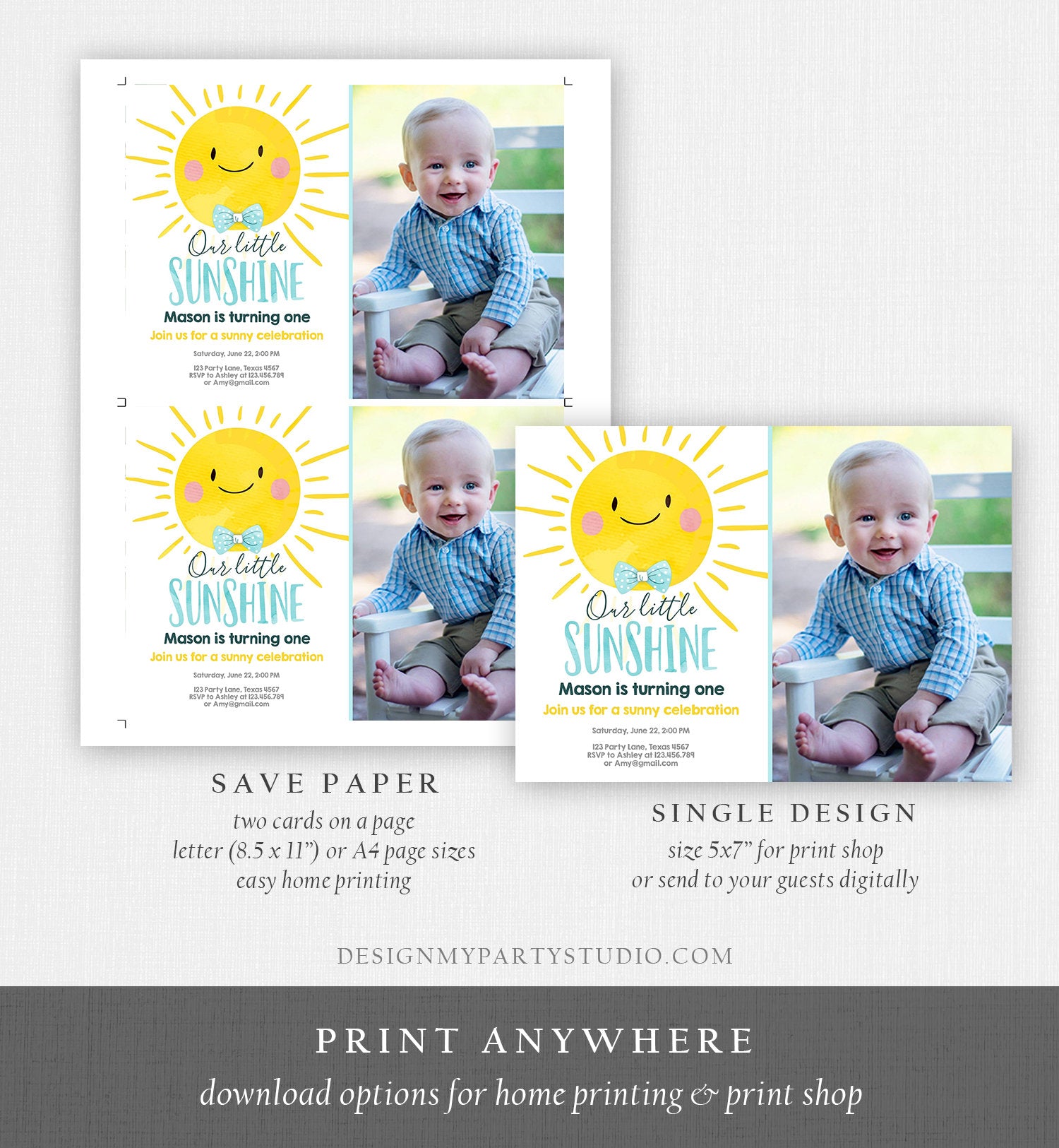 Editable Birthday Invitation Little Sunshine Summer Sunshine Party Boy Birthday Blue Digital Download Evite Template Printable 0141