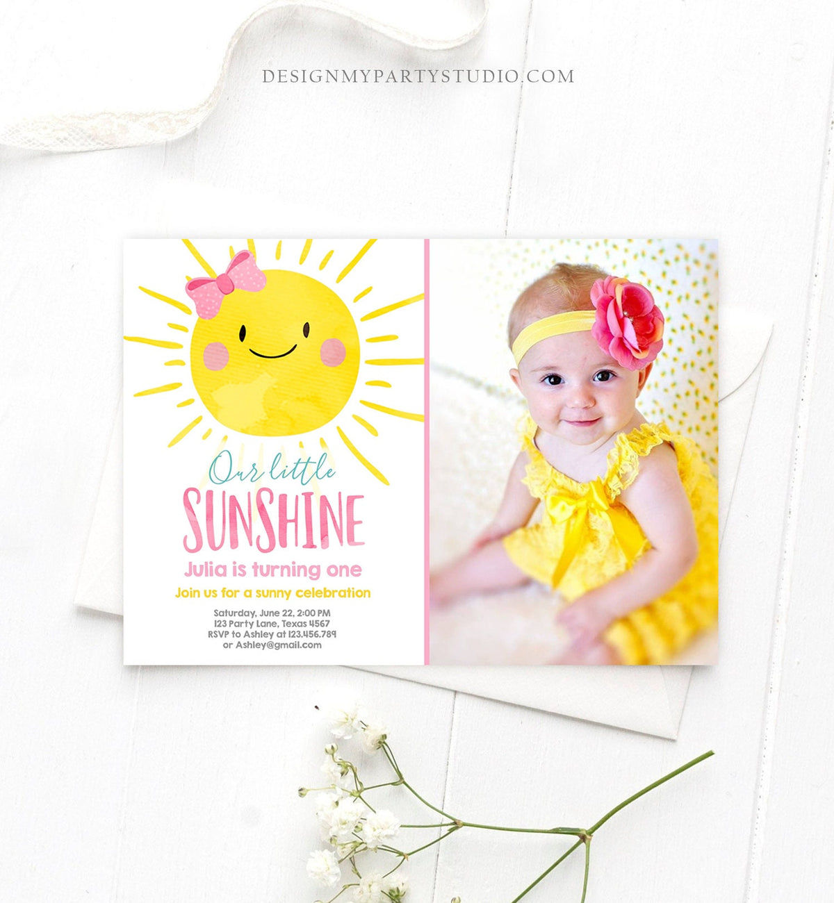 Editable Sunshine Birthday Party Invitation Summer Sunshine Party 1st Birthday Invite Pink Girl Around the Sun Printable Template Evite 0141