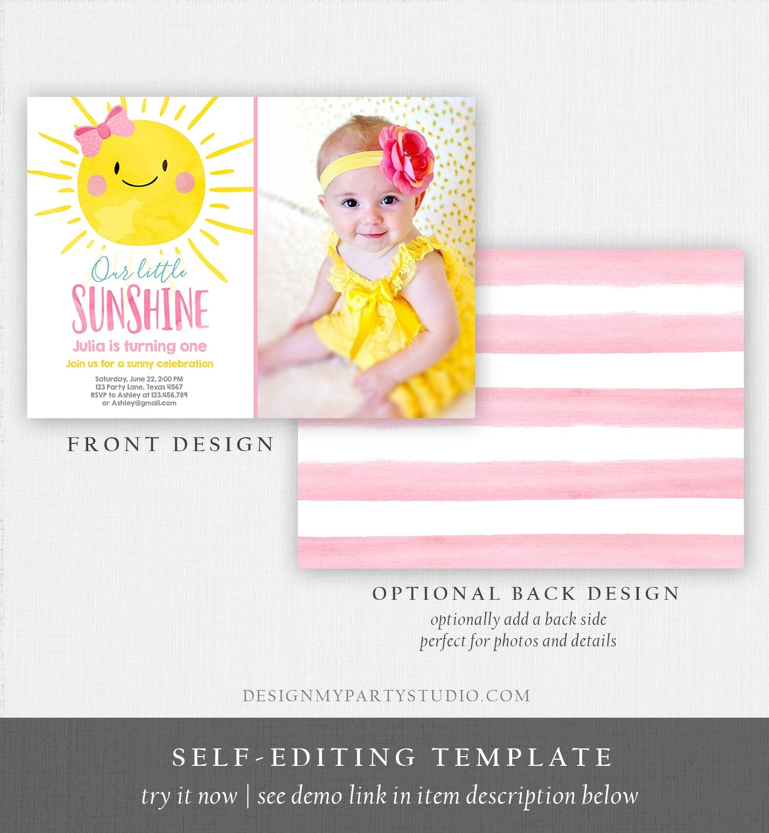 Editable Sunshine Birthday Party Invitation Summer Sunshine Party 1st Birthday Invite Pink Girl Around the Sun Printable Template Evite 0141