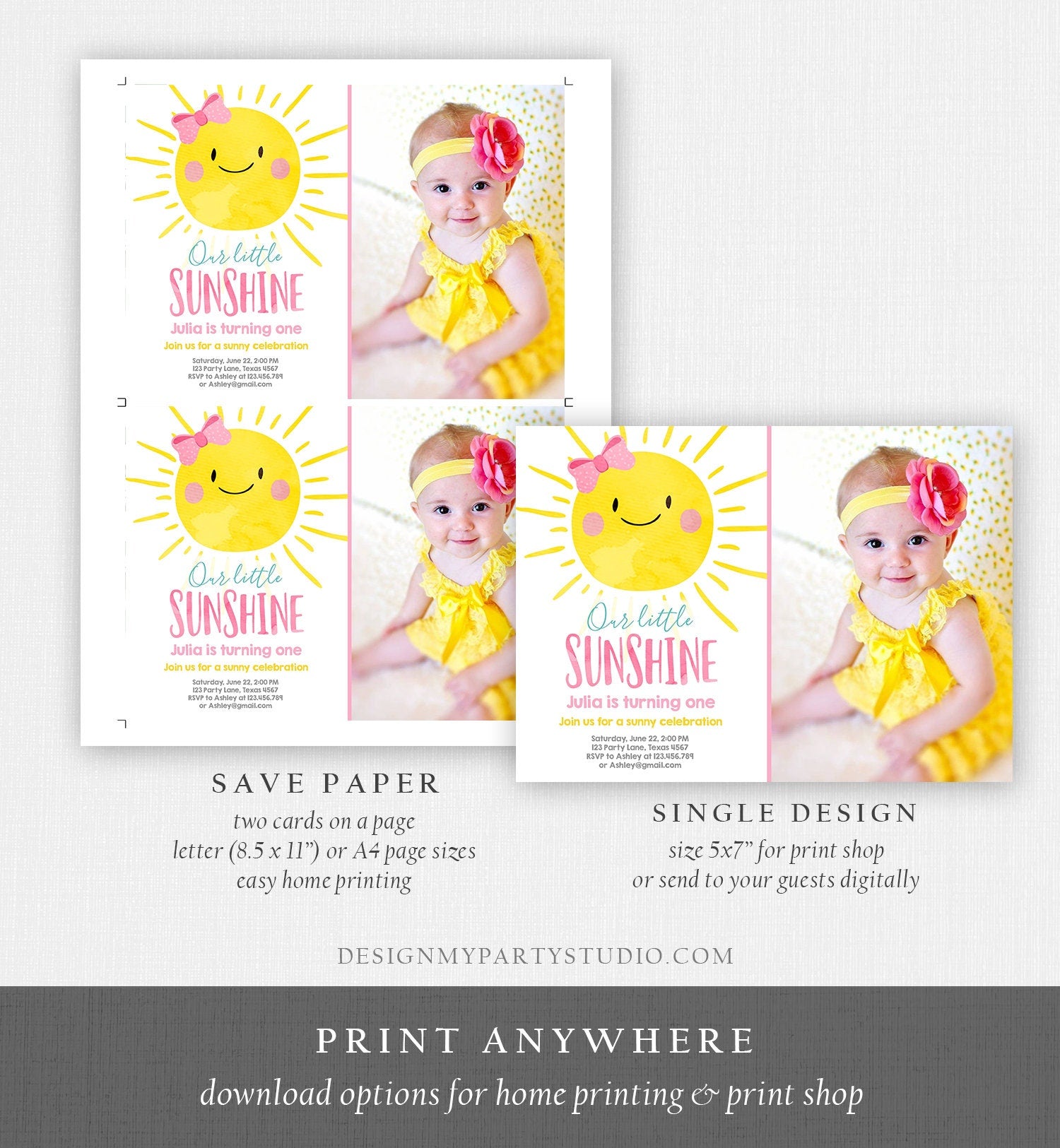 Editable Sunshine Birthday Party Invitation Summer Sunshine Party 1st Birthday Invite Pink Girl Around the Sun Printable Template Evite 0141
