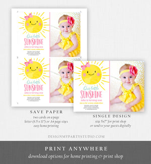 Editable Sunshine Birthday Party Invitation Summer Sunshine Party 1st Birthday Invite Pink Girl Bow Printable Invite Template Corjl 0141