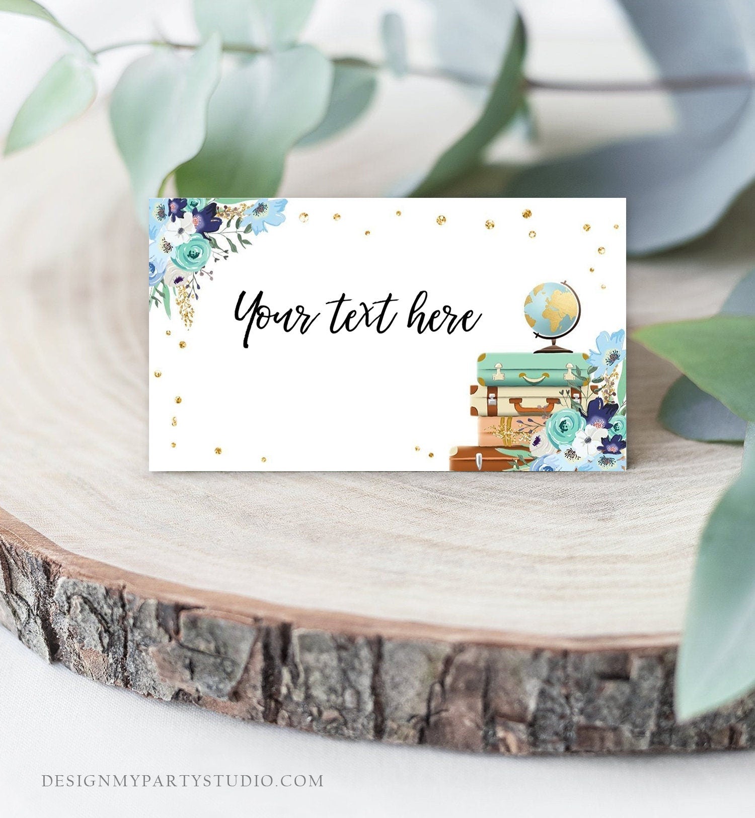 Editable Travel Adventure Food Labels Place Card Tent Card Escort Card Bridal Shower Blue Floral Digital Download Template Printable 0030